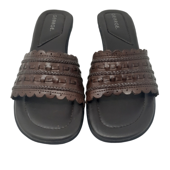 George Leather Basket Weave Sandals Brown Size 10 Slip On - Picture 2 of 8